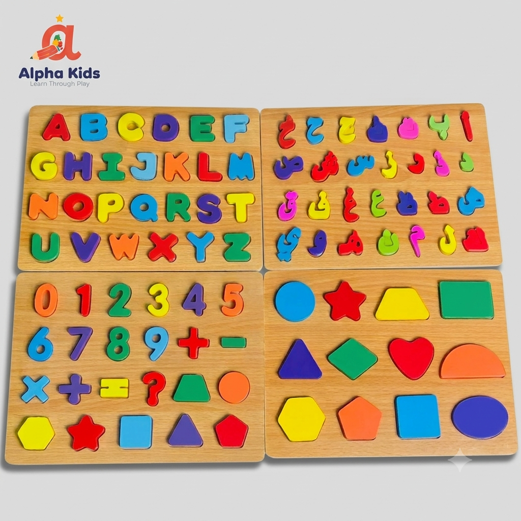 6-in-1 Wooden Educational Toy Bundle for Kids 🎁 | Bilingual Learner Set: Urdu, English, Alphabet, Numbers & Shapes | Montessori Kit